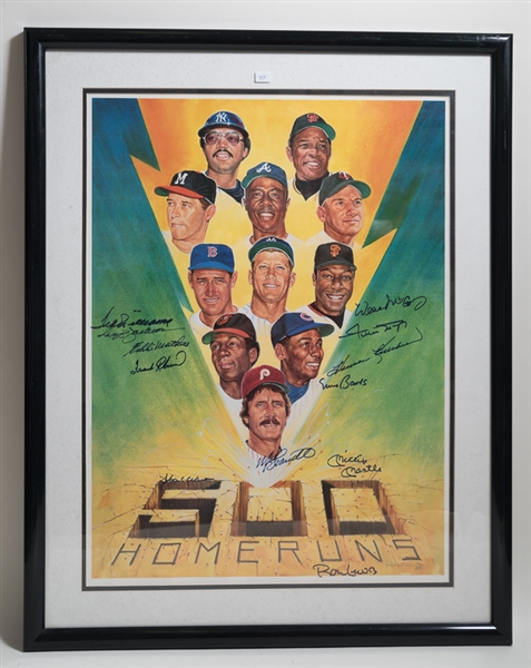 500 Home Run Hitters Signed & Framed Print w. Mantle & Aaron - JSA